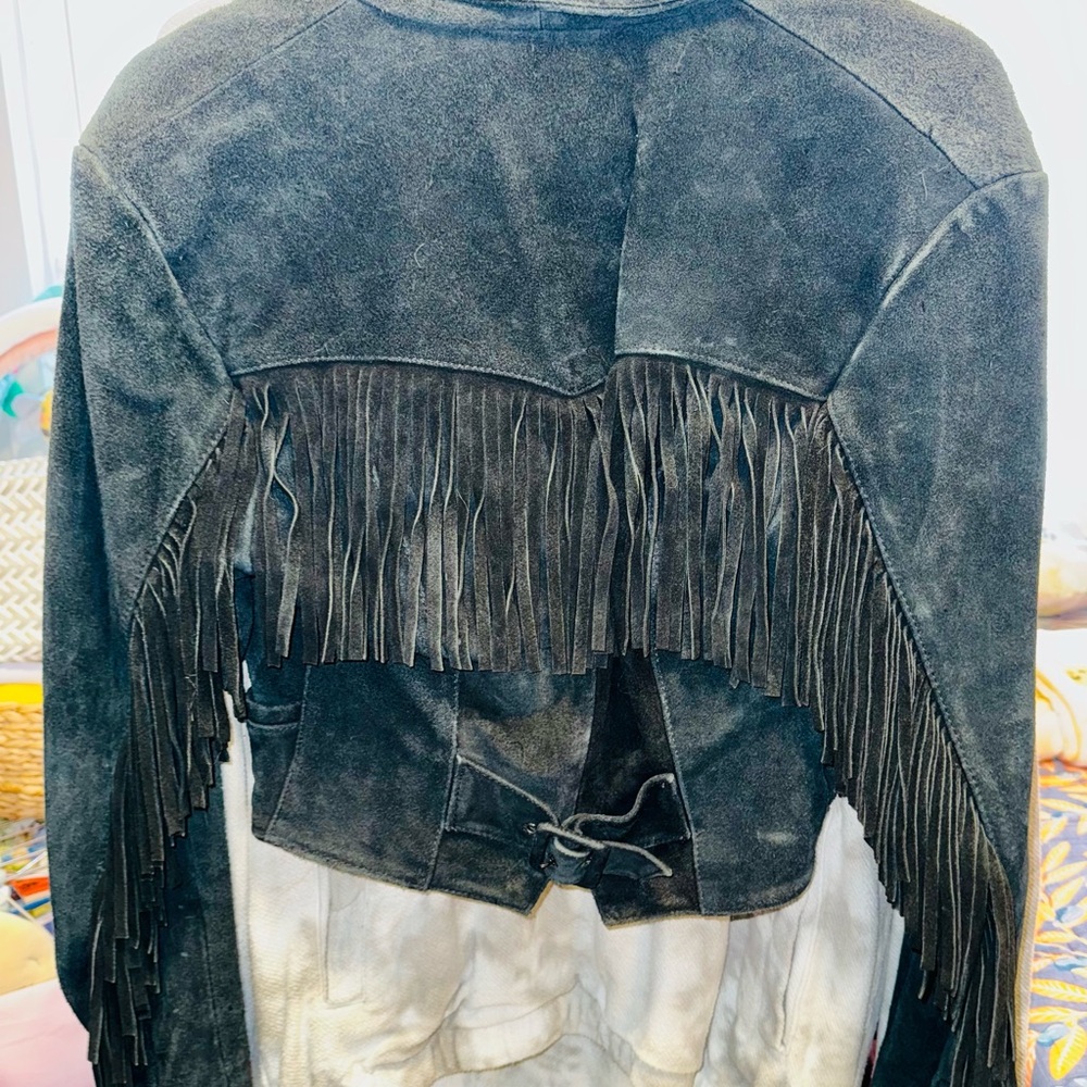 Fringed Black Suede Real Leather Jacket